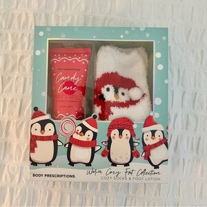 NIB Body Prescriptions Candy Cane Lotion Penguin Sock Box Set